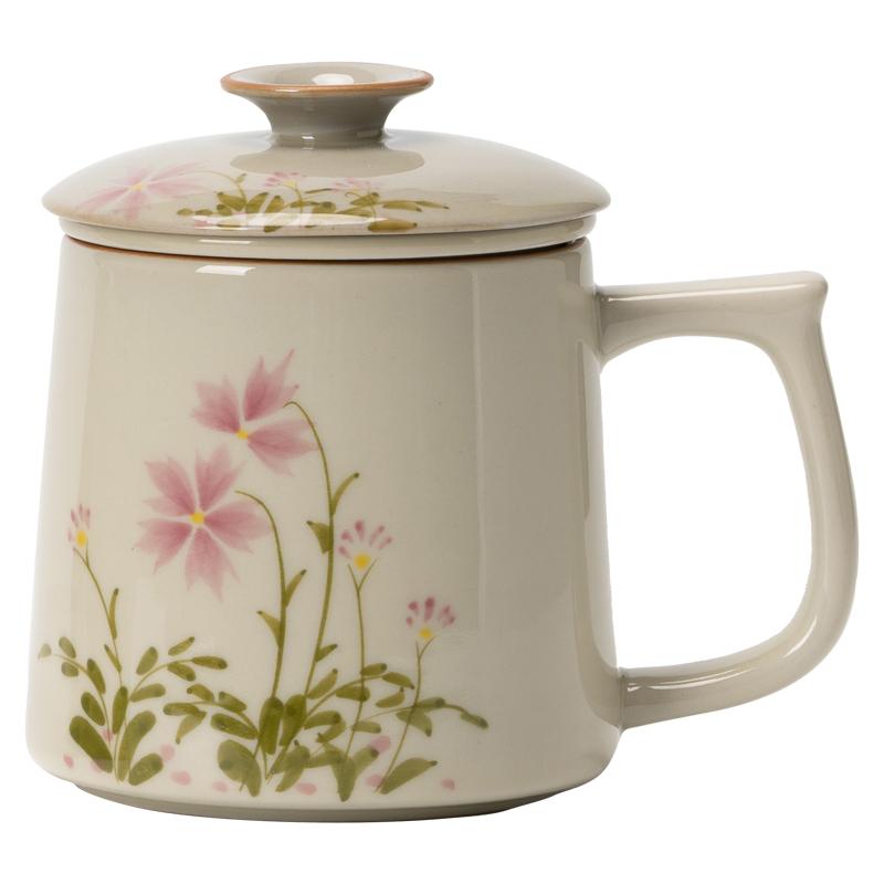 Chinese Style Floral Pattern Tea Filtering and Separation Cup, With Cover White Porcelain Mug, Drinkware Ceramic Office Cup, 1Pc