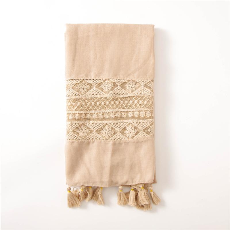 2024 Four Seasons Women'S Refreshing Literary Solid Color Elegant Scarf Lace Splicing Embroidered Silk Scarf Sunscreen Shawl Air Conditioning Scarf