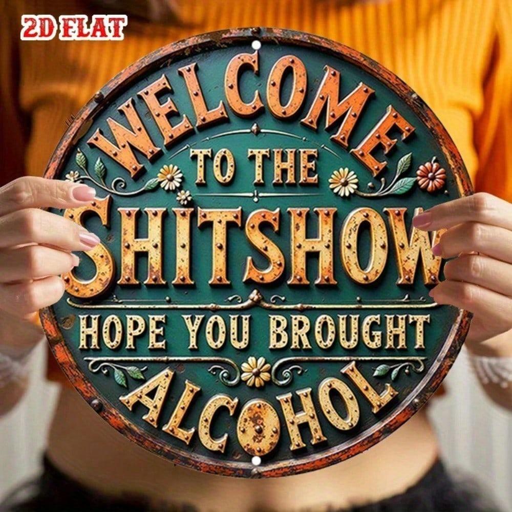 Vintage Beer Drinking Metal Tin Sign, 7.87 Inch Round Retro Bar Wall Art, Funny Man Cave Decor, Distressed Aluminum Plaque