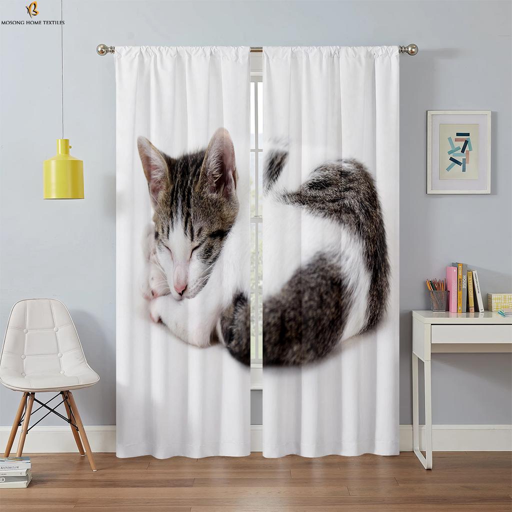 Black Cool Cat Printed Curtain Bedroom Kitchen Living Room Kids Decorative Curtains Set Of 2 Made Polyester With Rod Pocket Sitting Decor
