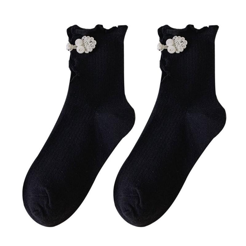 Women Crew Socks Ruffle Ankle Socks Japanese Style Sweet Bows Socks Frilly Cheongsam Knee High Socks Y2K Streetwear