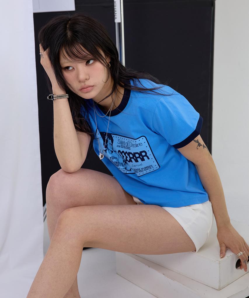 EEERRR Saint Licence Artwork Semi-Crop Ringer T-Shirt (Blue)