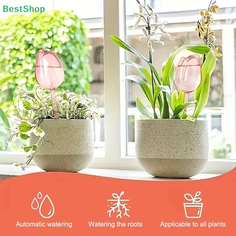 Pink Tulip Shaped Plant Self-Watering Stakes, Clear Plastic Automatic Watering Globes for Indoor & Outdoor Potted Plants