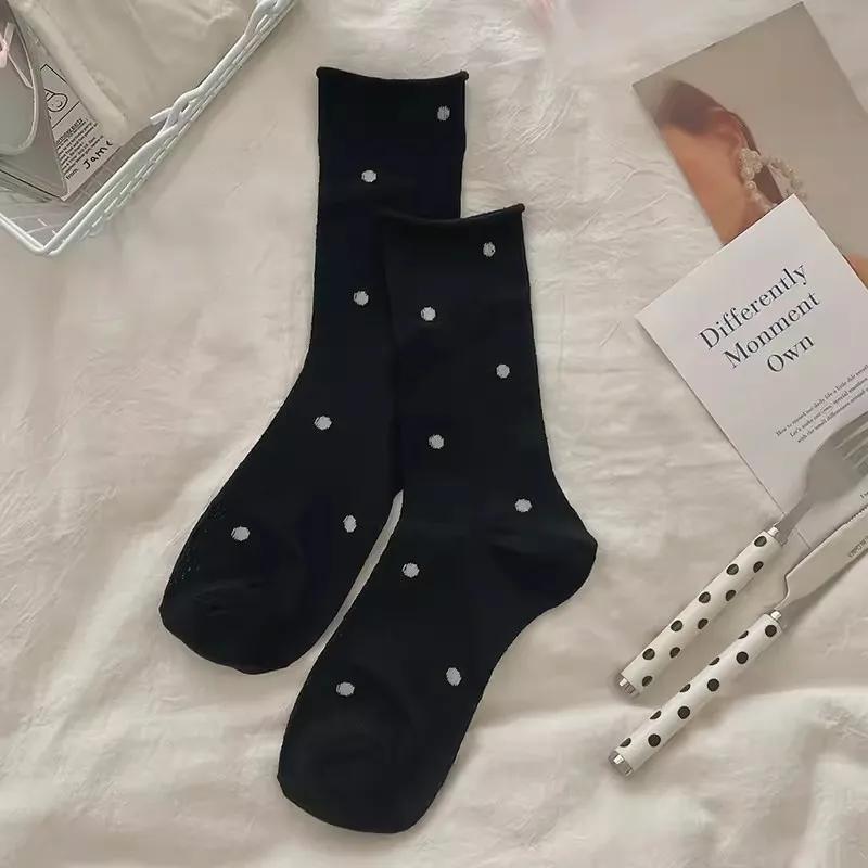 

Носки в горошек для женщин весна лето тонкие женские хлопковые носки с принтом в горошек для девочек подарок милые каваи черные белые с оборками модные one size чёрный