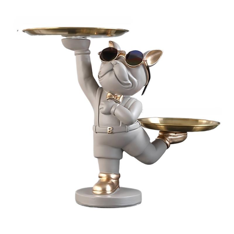 

Статуя собаки из смолы, декор для комнаты, скульптура дворецкого с 2 лотками для хранения, фигурка французского бульдога, украшение для дома, украшения для стола серый