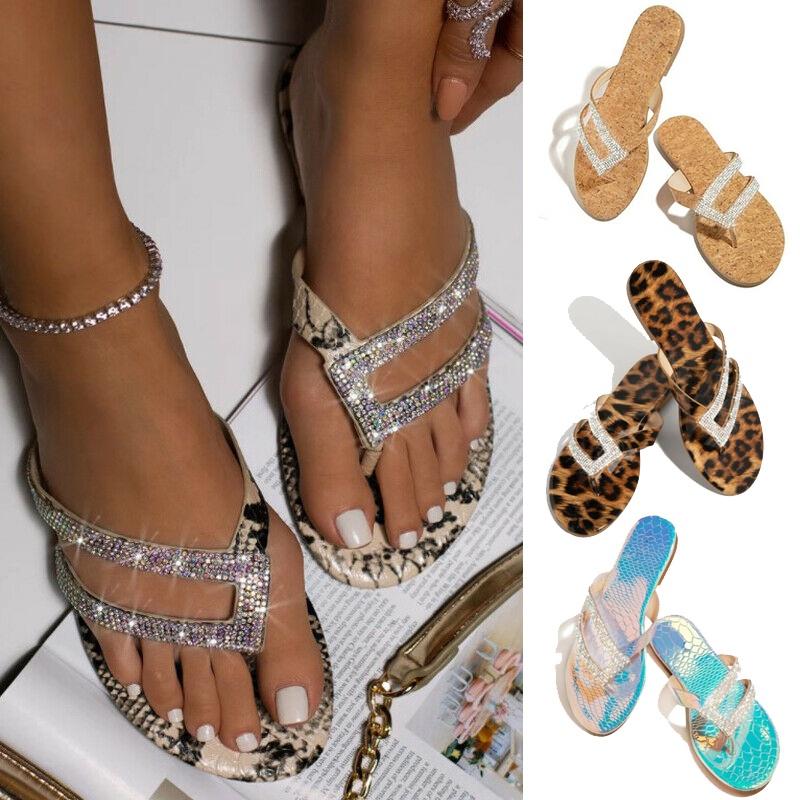 Women's Casual Summer Flat Shoes Glitter Slipper Slip On Leopard Print Sandals