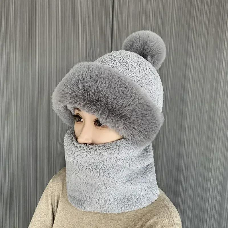New Scarf Integrated Hat 2-in-1 Women's Thickened Double Layer Warm Plush Hat Scarf Children's Winter Cold Neck Warm Hat LS