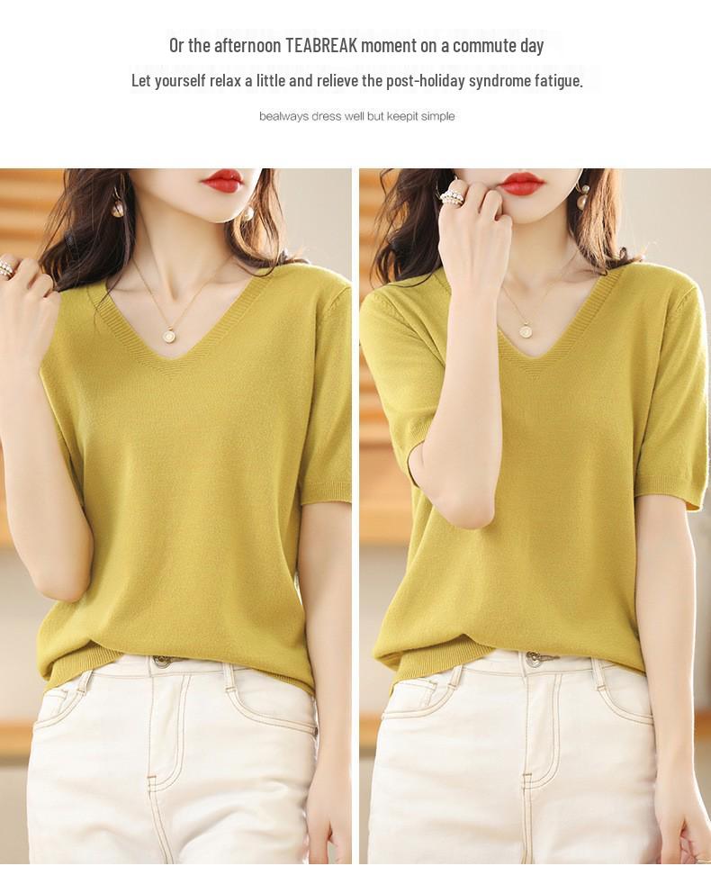 Women's V-Neck Knitted T-Shirt: Short-Sleeved, Versatile, Commuting Pullover, Perfect Base Layer, Three-Quarter Sleeves, Light Sweater.
