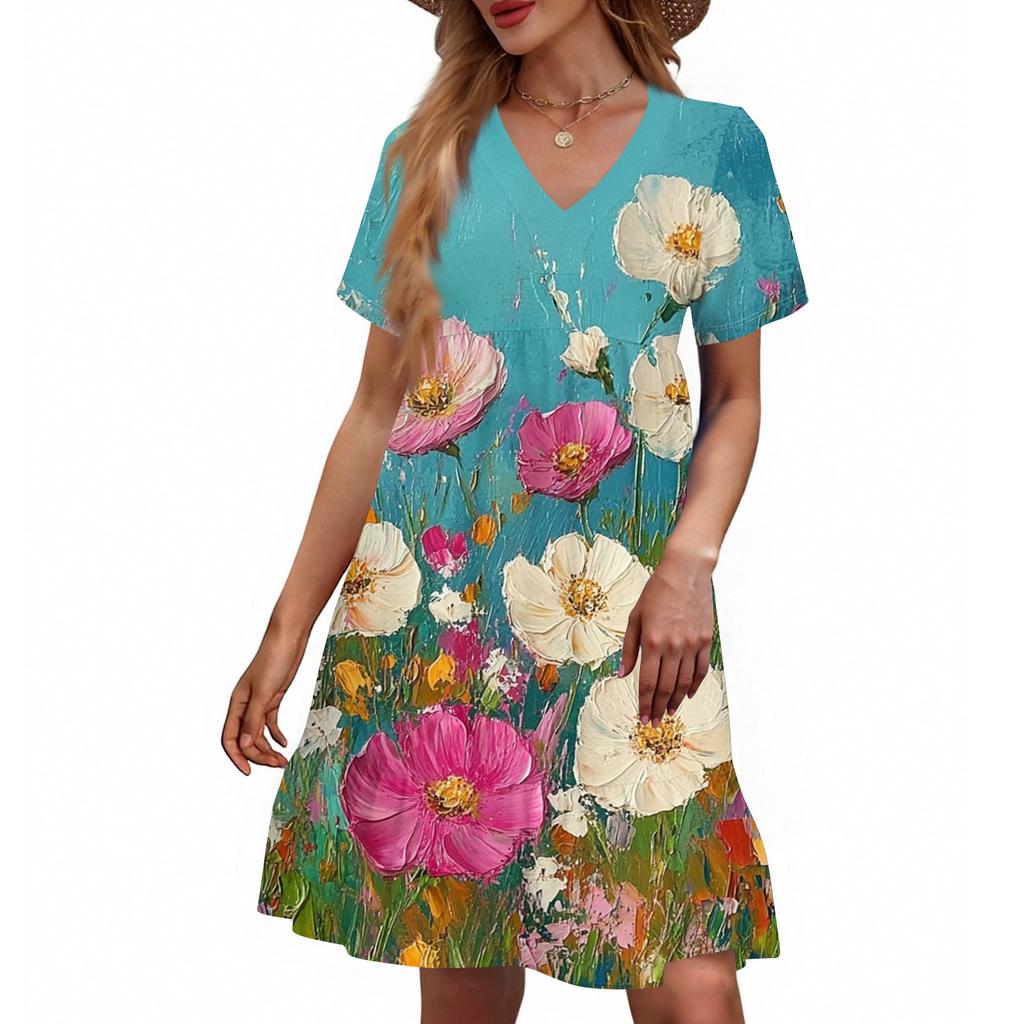 Women's Casual Fashion V-Neck Short Sleeve Floral Print Dress