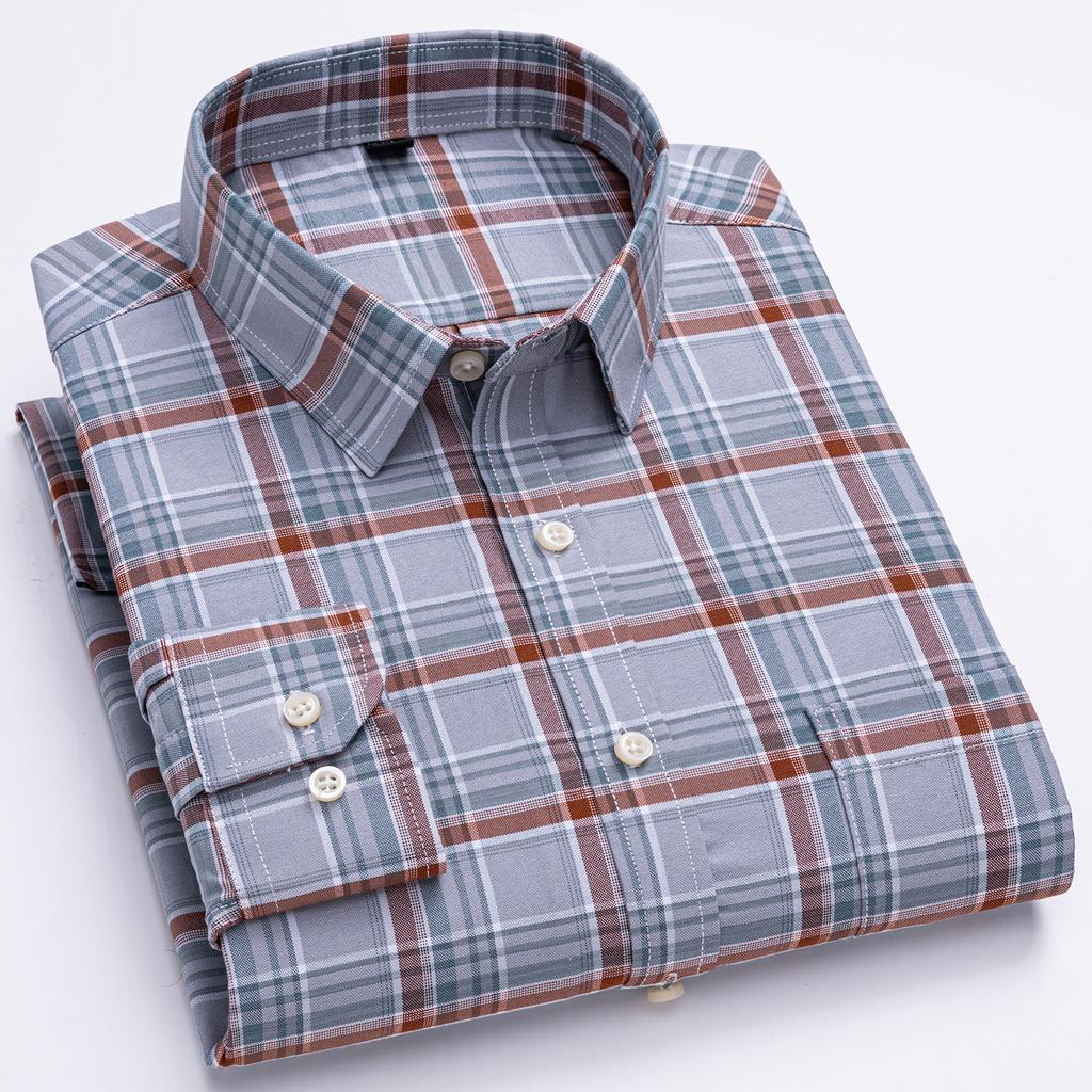 Men's Oxford Shirts Long Sleeve 100% Cotton Casual Plaid Soft Regular Fit Formal Dress Shirt Social Blouse Male Clothes 6XL 7XL