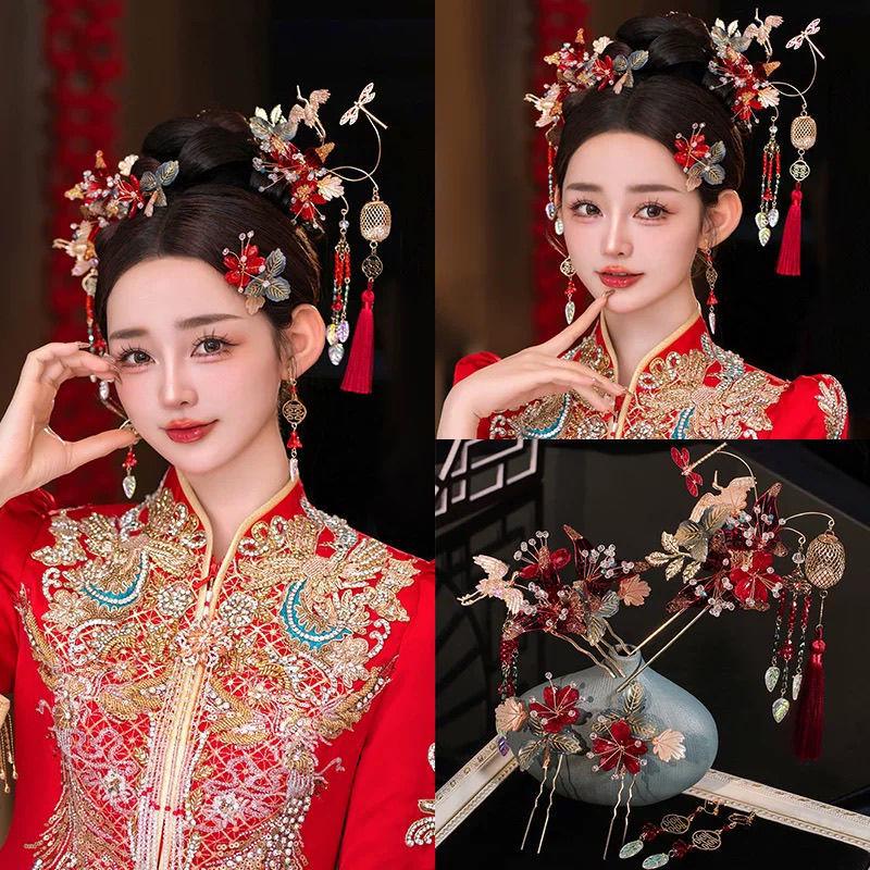 Chińska biżuteria ślubna na głowę: 2025 Spinka do włosów z Koroną Feniksa i Frędzlami do Sukni Smoka i Feniksa.