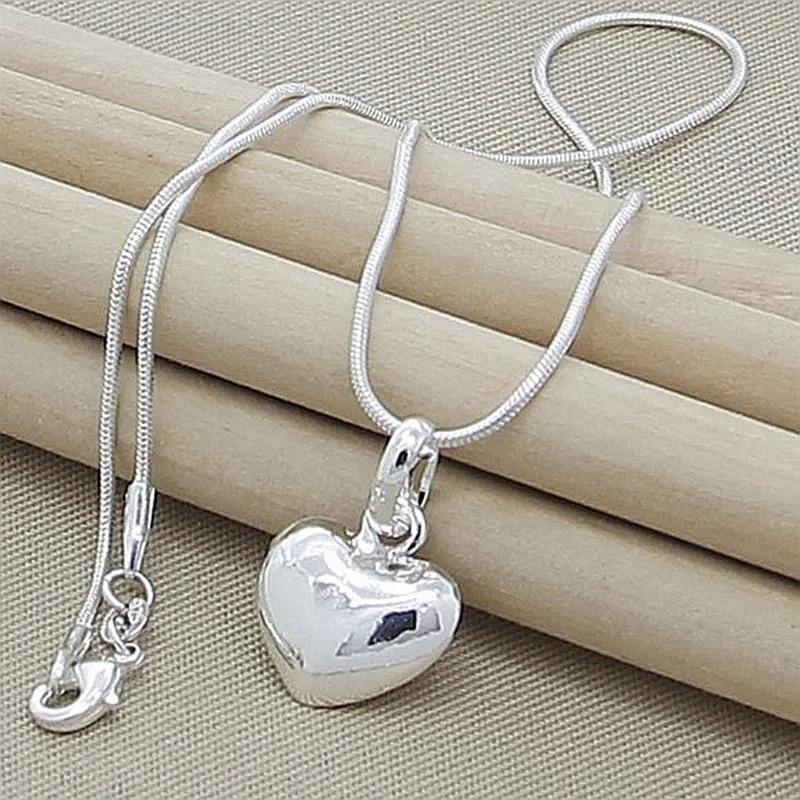 Silver Color Solid Small Heart Pendant Necklace 16-30 Inch Snake Chain For Women Wedding Charm Fashion Jewelry