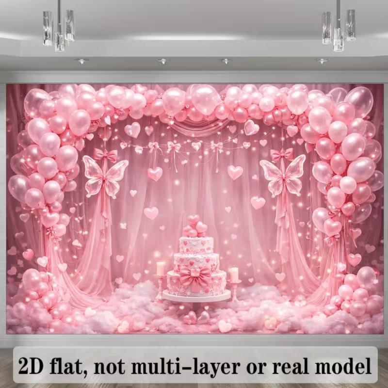 2D Pink Butterfly Happy Birthday Backdrop Heart Balloon Photography Background for Party