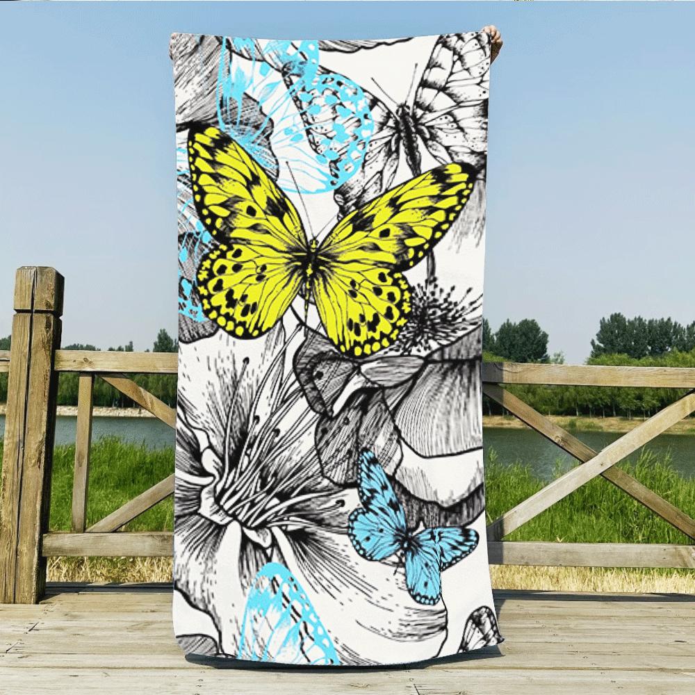 Vibrant Yellow Blue Butterfly Print Beach Towel, Soft Quick Dry Oversized Bath Towel, Boho Aesthetic Summer Accessory 1pcs W40*H60(CM)