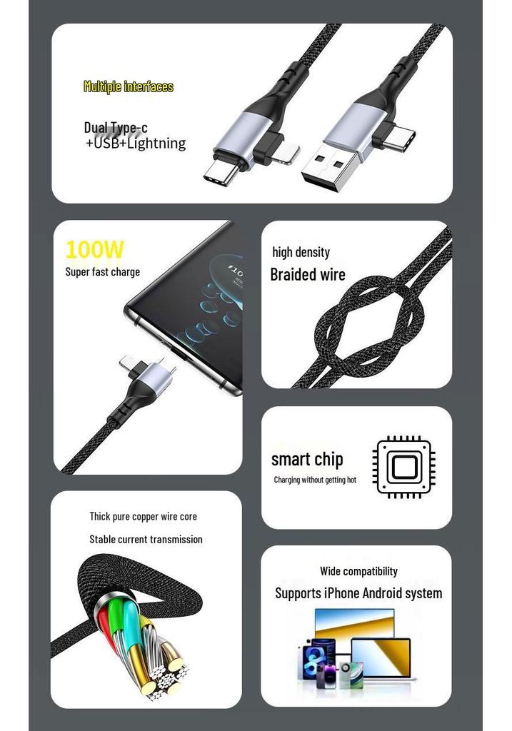 4-in-1 PD100W Fast Charging Cable for Apple Devices: Phones, Computers, Tablets - Dual Data Cable