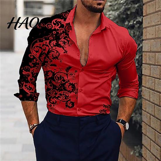 Office Shirt Men Gradient 3D Printed Long Sleeve Turndown Collar Male Slim Fit Temperament Button Down Clothing