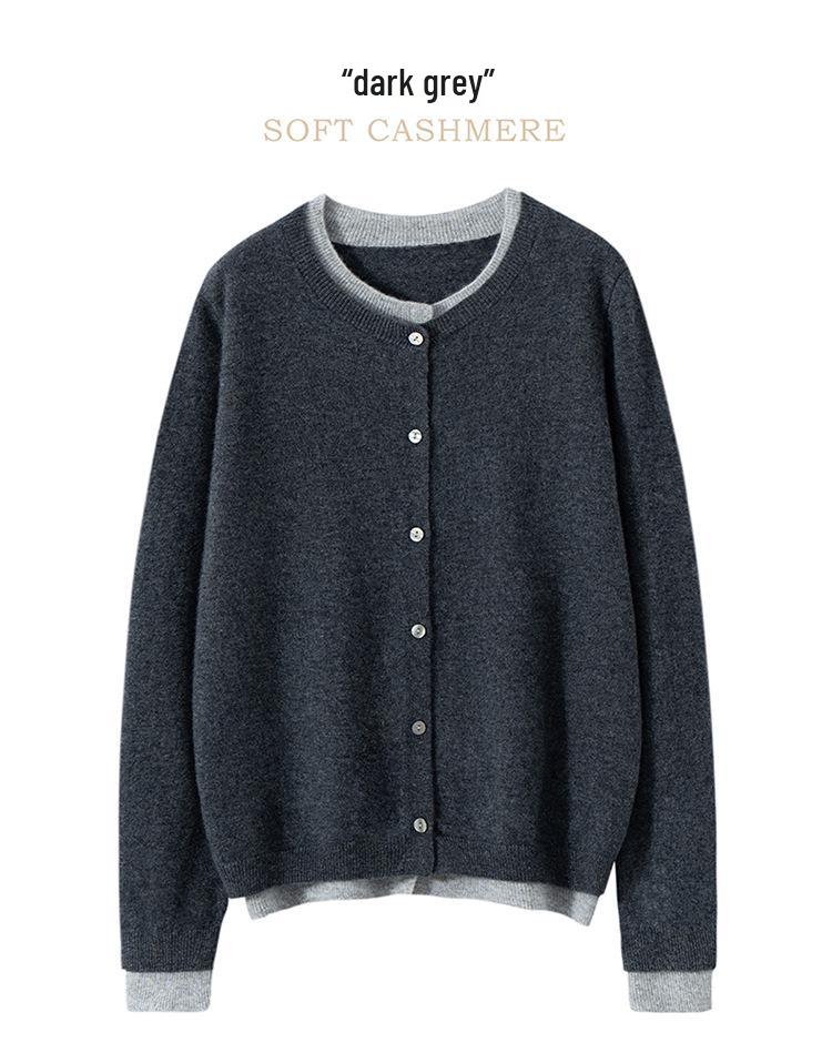 Women's Designer-Style Cashmere Cardigan: Round Neck, Color-Block, Faux Two-Piece Sweater