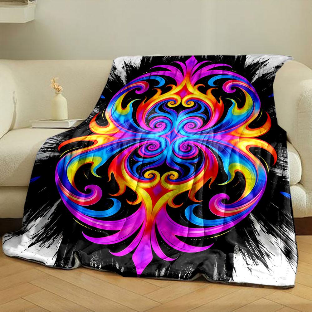 A vibrant, symmetrical swirl pattern with neon hues on a black background. for all seasons blanket lunch break throw gift