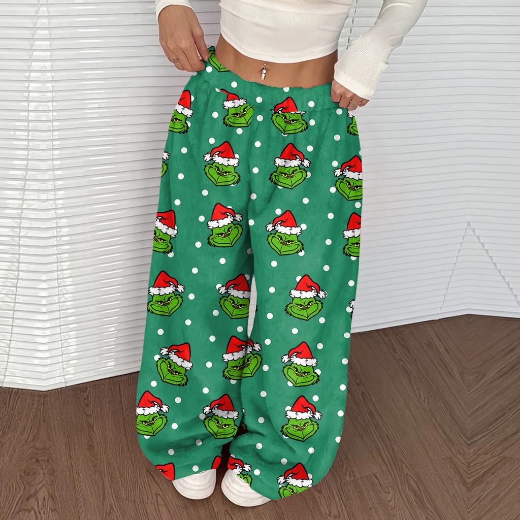 Damen Casual Weihnachten Print Elastischer Bund Lockerer Schnitt Mit Plüsch Weites Bein Hose