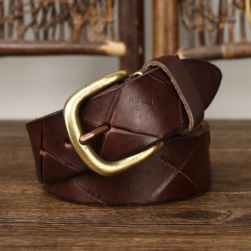 Belt Men's Handmade Knife Marks Leather Pin Buckle Personality Trendy Korean Style First Layer Cowhide Belt Men