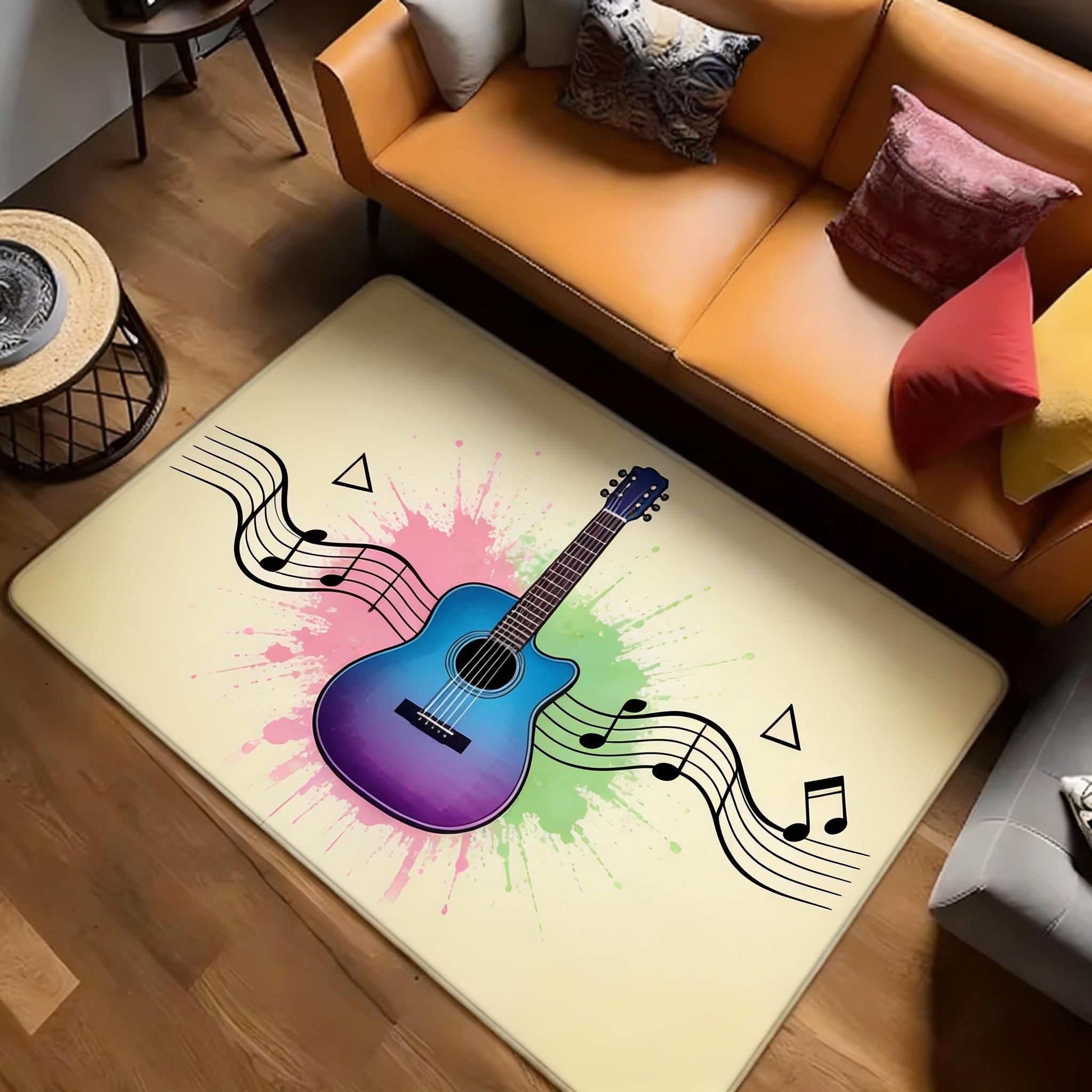 1pc Splatter Art Music Note Rug, Faux Wood Grain Background, Washable Knit Weave, PVC Backing, Machine Made, Drum Set Area Mat 40cm x 60cm
