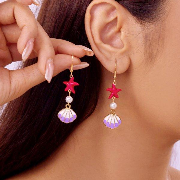 Fashion Asymmetric Ocean Style Earrings Stud For Women Starfish Shell Earring Ear Ring Imitation Pearl Zircon Jewelry Gift