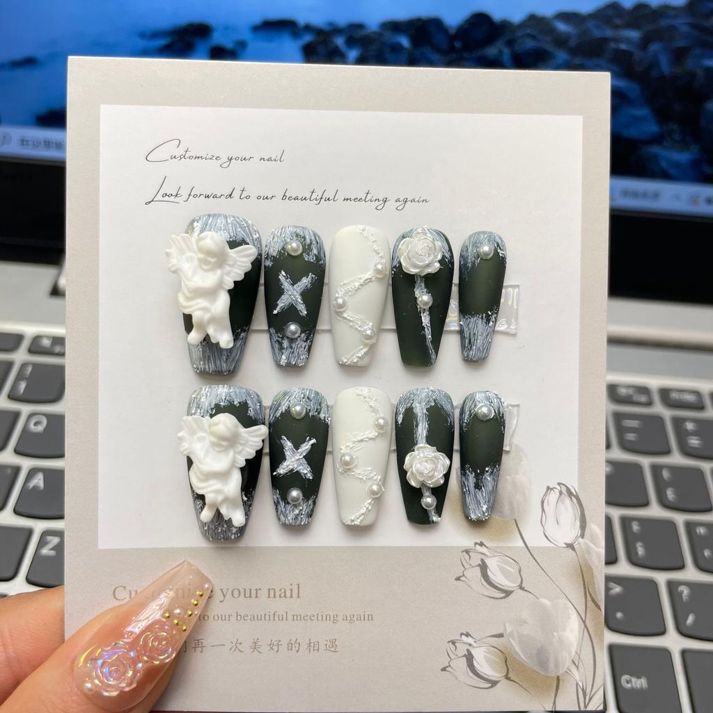 10pcs/set Purely Handmade Wearable Nails Removable Nail Art French Simple False Nails Finished Long and Short Nails