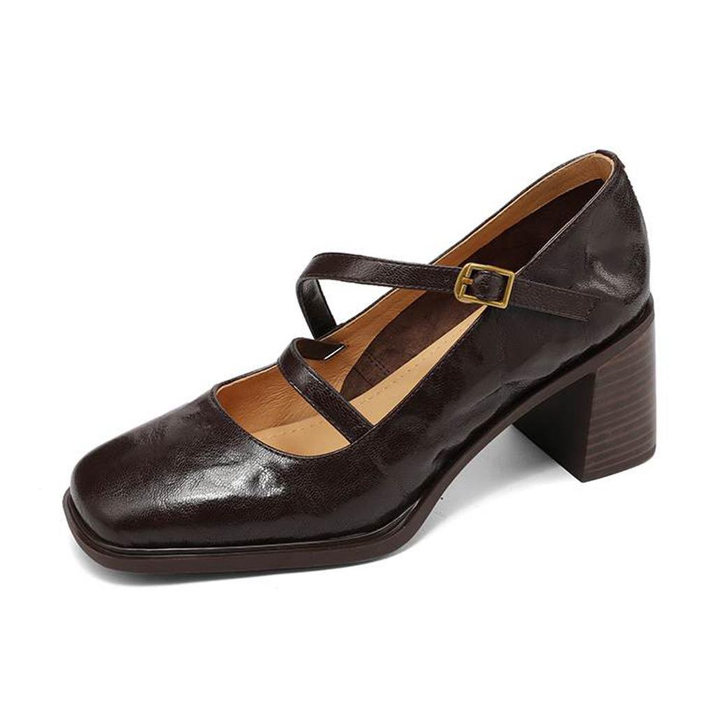Krazing Pot Sheepskin Round Toe Size 41 Chunky High Heels Buckle Straps Vintage Autumn Pumps