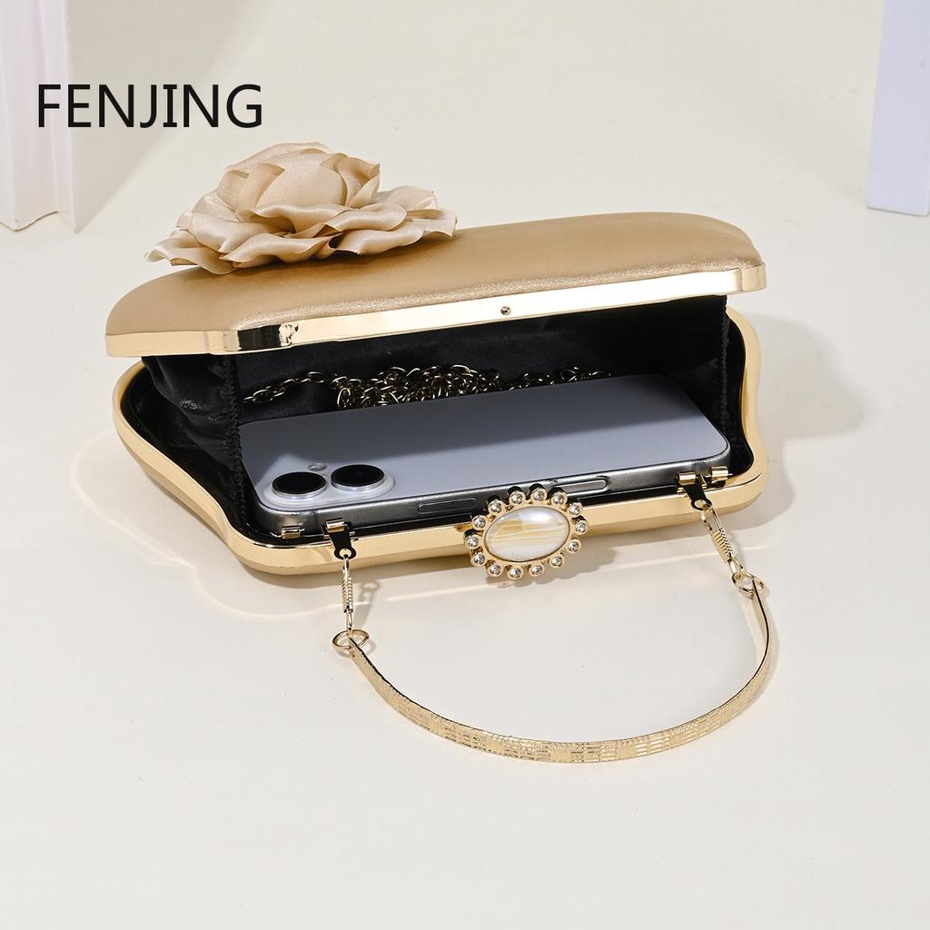 Satin 3D Flower Evening Bags Women Dinner Shoulder Crossbody Bag Luxury Design Handbags Gold Pink Clutches for Party Banquet