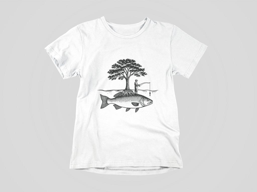 Surreal Fishing Tree Shirt Fisherman on Giant Fish Tee Nature Art Graphic Outdoo