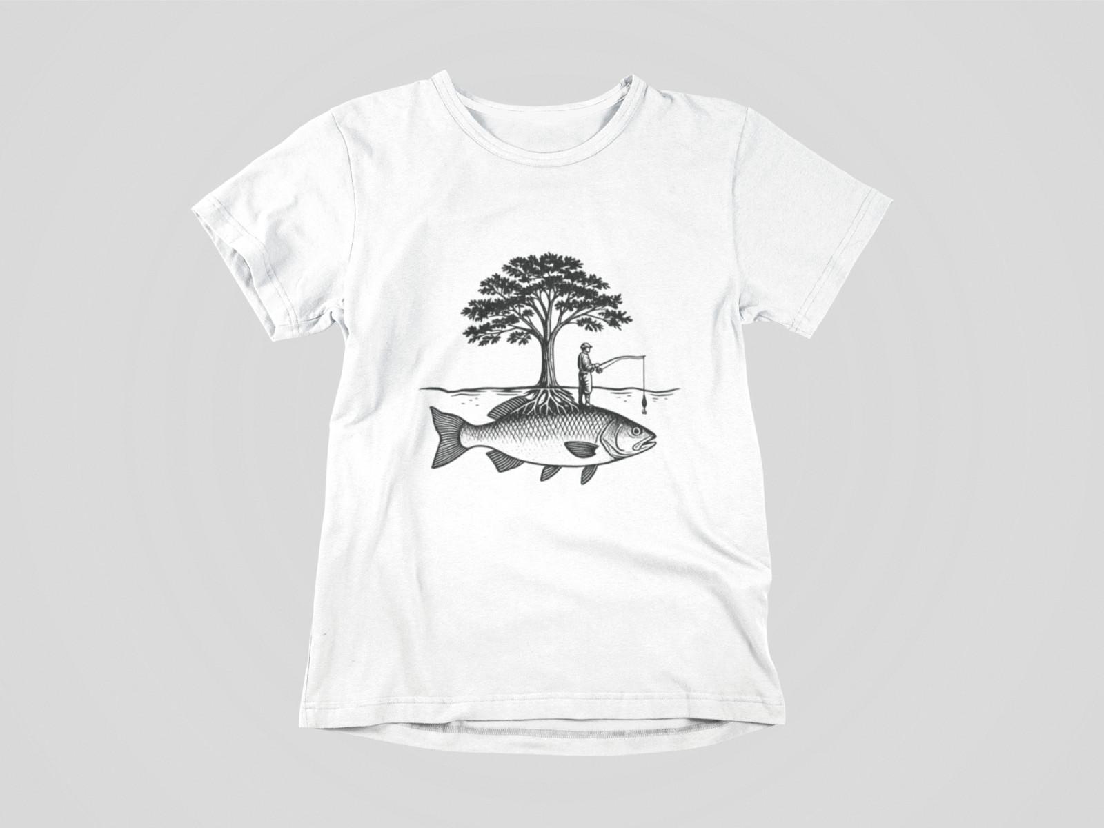 Surreal Fishing Tree Shirt Fisherman on Giant Fish Tee Nature Art Graphic Outdoo S