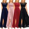 Elegantes langes Maxi-Damenkleid Hohe Taille Rundhalsausschnitt Party Hochzeitsmode Kleid Robe Vintage Gespleißtes Spitzen-Chiffonkleid
