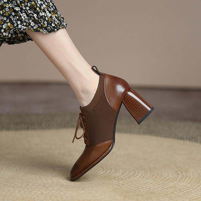 Spring Women Shoes Pumps Square Toe Lace-Up Chunky Heel Shoes Women Casual Solid Split Leather Shoes For Women Heels Shoes