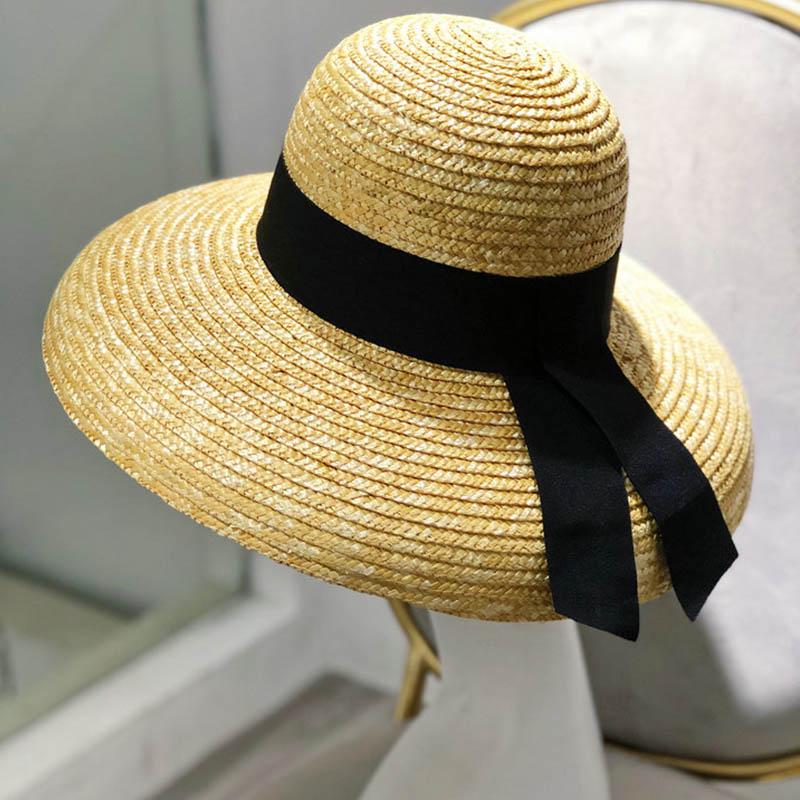

Wide Brim Women Sun Hat Wheat Straw Summer Beach Hat Elegant Cap UV Protection Black long Ribbon Bow Derby Travel Hats природний