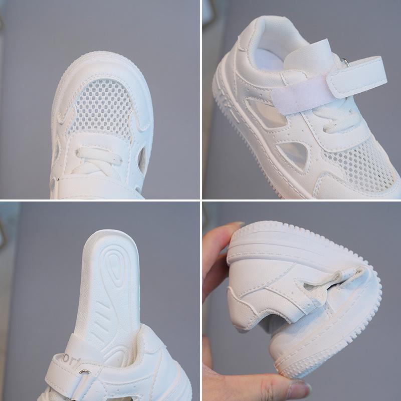 2025 Letnie dziecięce oddychające białe siateczkowe buty sportowe: Chłopięcy projekt Hollow i styl dziewczęcy
