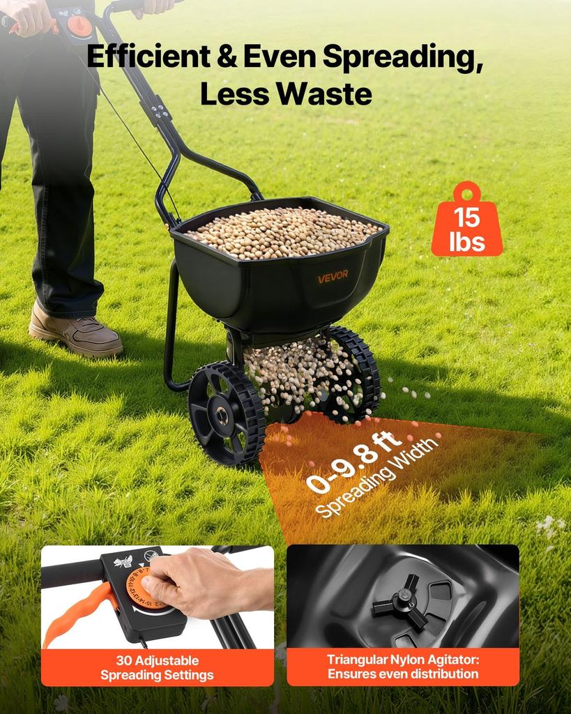 Push Lawn Spreader, 3m Spreading Width, Broadcast Spreader with 59kg Load Capacity & 10 In All-Terrain Tires, Walk-Behind Garden & Lawn Broadcast
