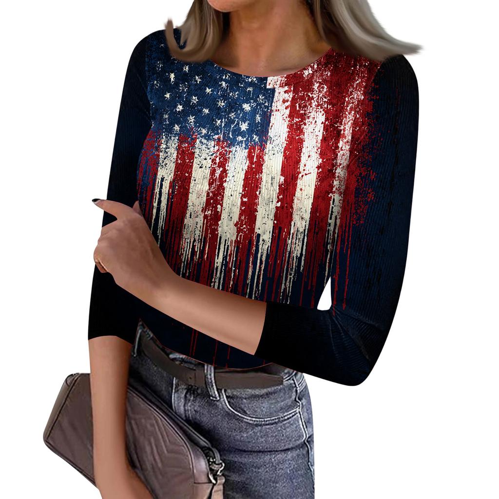 Women's Casual Fashion Round Neck Independence Day Print Three-Quarter Sleeve Ribbed Top