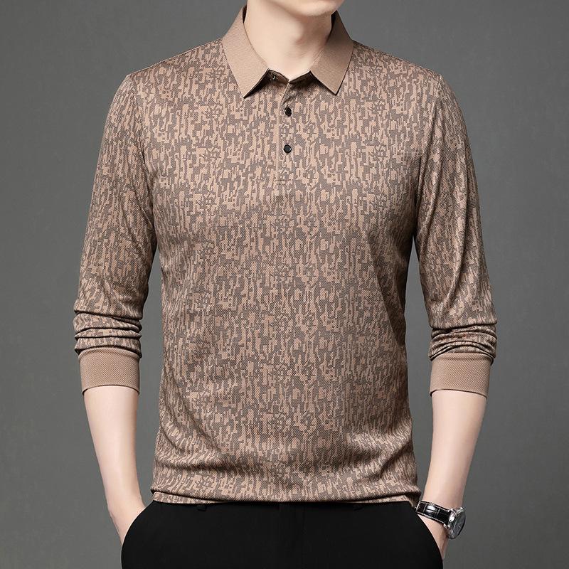 Mens Long Sleeve Jacquard Polo Shirt Business Casual Spring Autumn Top