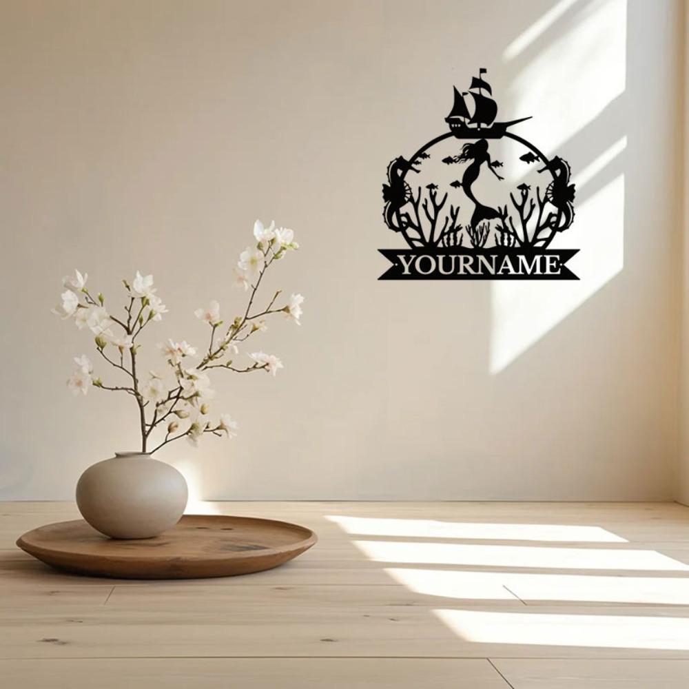 Iron Art Wall Decor Mermaid Name Sign Personalized Black Metal Indoor Outdoor Bedroom Gift