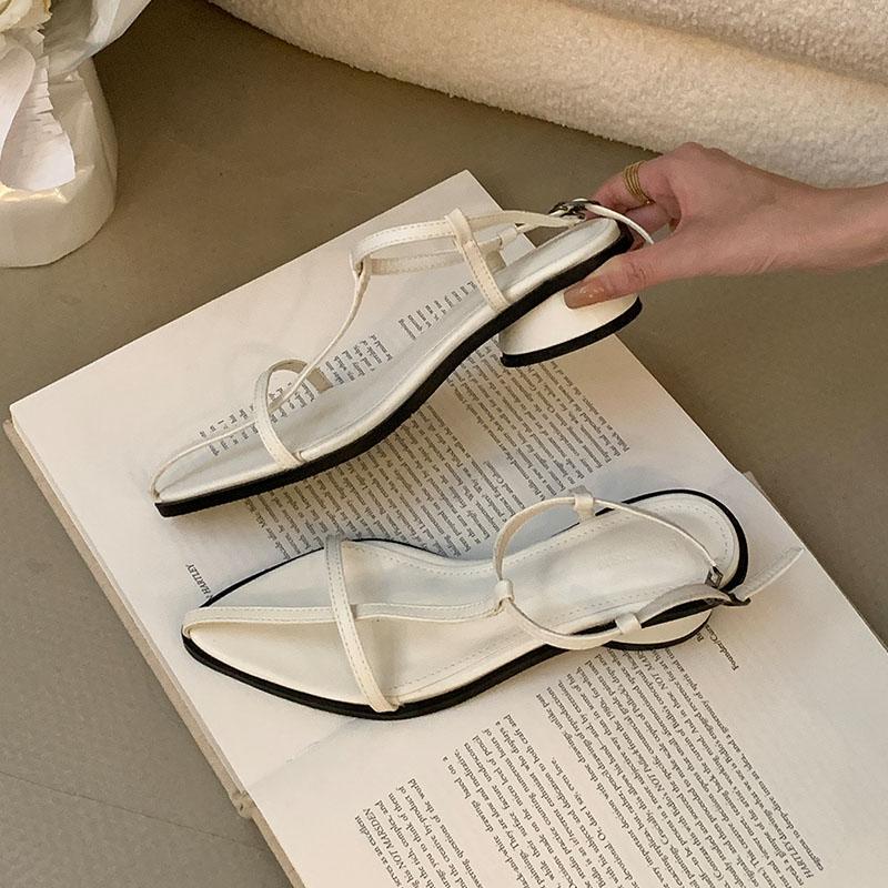 

Fashion Luxury Female Fashion T-Strap Women Low Heel Sandals Shoes Summer Pointed Toe Ladies Round Heel Sandals Shoes 35 бежевый