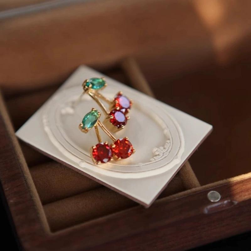 New Red Zircon Cherry Earrings Stud Fresh Trendy Style Women's Shiny Crystal Dangle Earrings Party Exquisite Jewelry Accessories