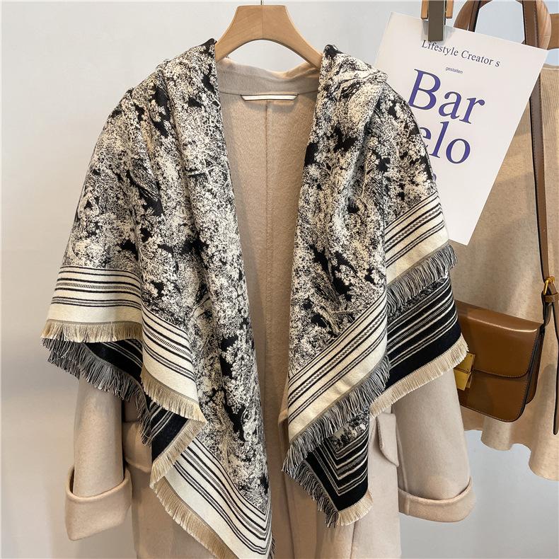122*128cm Oversized  Imitation Cashmere Wrap with Tassels, Floral Travel Blanket Cape Pashmina Shawl for Women, Versatile scarf