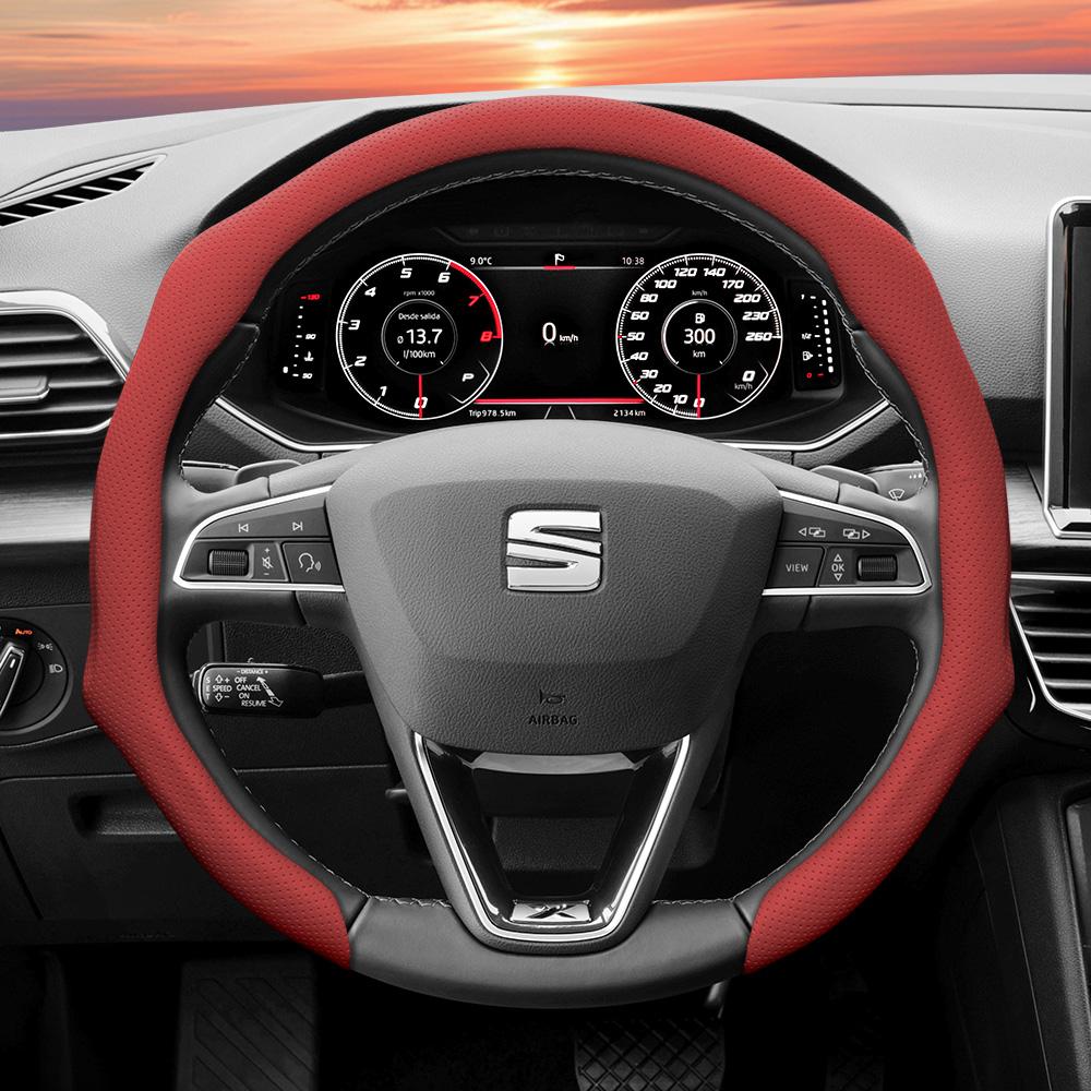 Suitable for Seat Perforated Leather Steering Wheel Cover, Non-Slip, Sweat-Absorbent, Breathable, Integrated Snap-On Protective Cover for Ibiza, Arona