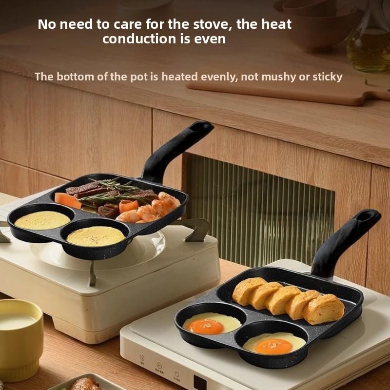 Three-Grid Curved Handle Anti-Scald Breakfast Frying Pan Household Egg Frying Pan Steak Egg Burger Non-Stick Pan Magic Tool