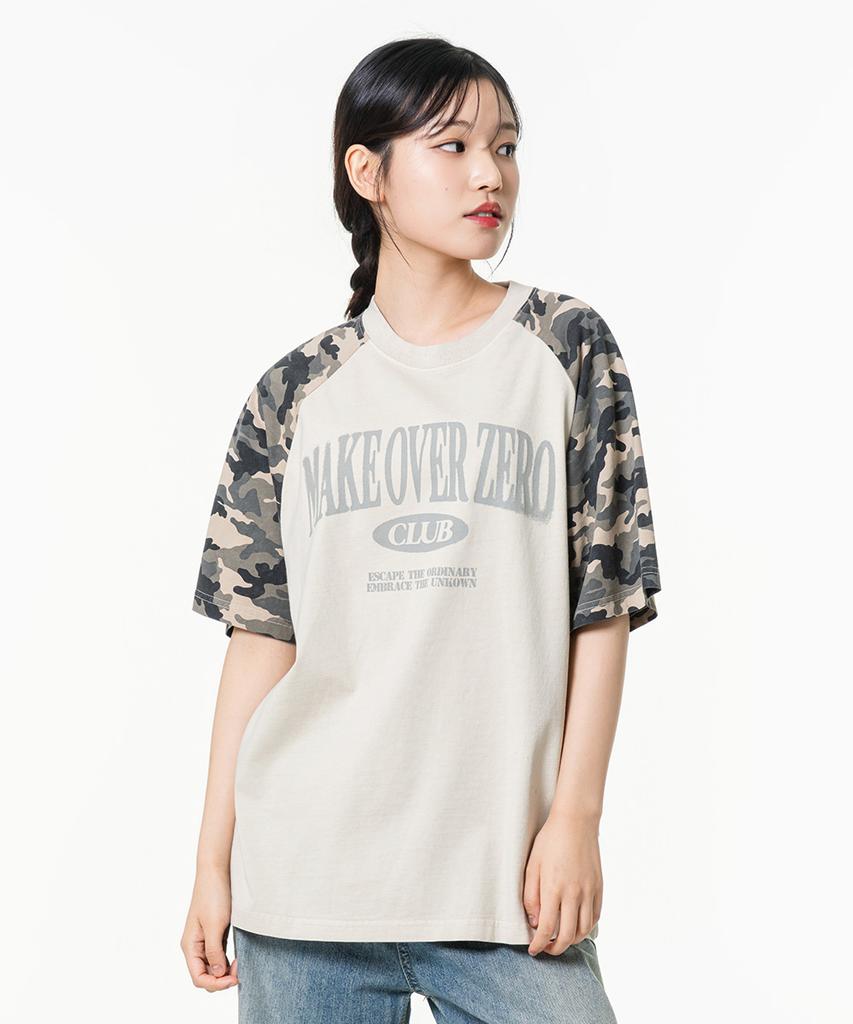 MOZMOZ Camo Color Block Raglan Pigment Oversized Short Sleeve T-Shirt Beige