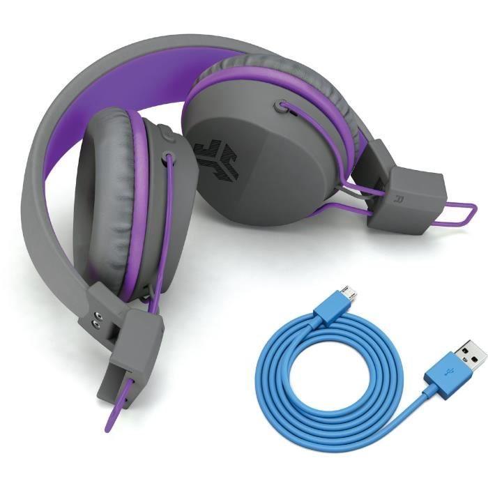 JLab Audio - JBuddies Studio Kids WirelessGrey/Purple - Casque Sans Fil - Bluetooth - Pliage Compact - Autonomie BT 24h