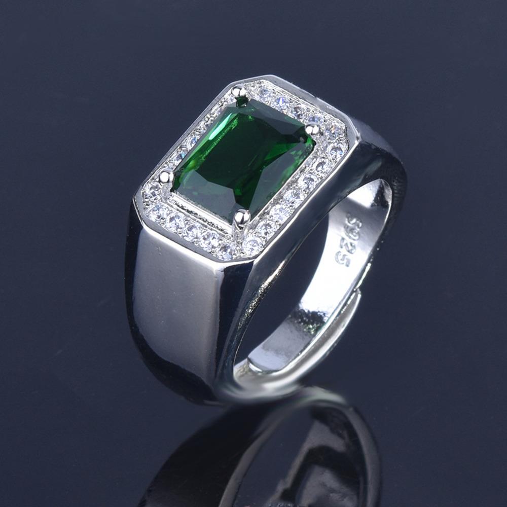 Wosikate Classic Square Emerald Green Gemstone Ring For Men Copper Jewelry Wedding Band Accessories Gift Open Size