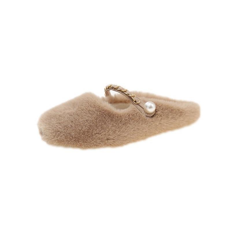 Flat bottom Mary Jane casual fluffy slippers women's winter new warm home plush bag head cotton mop