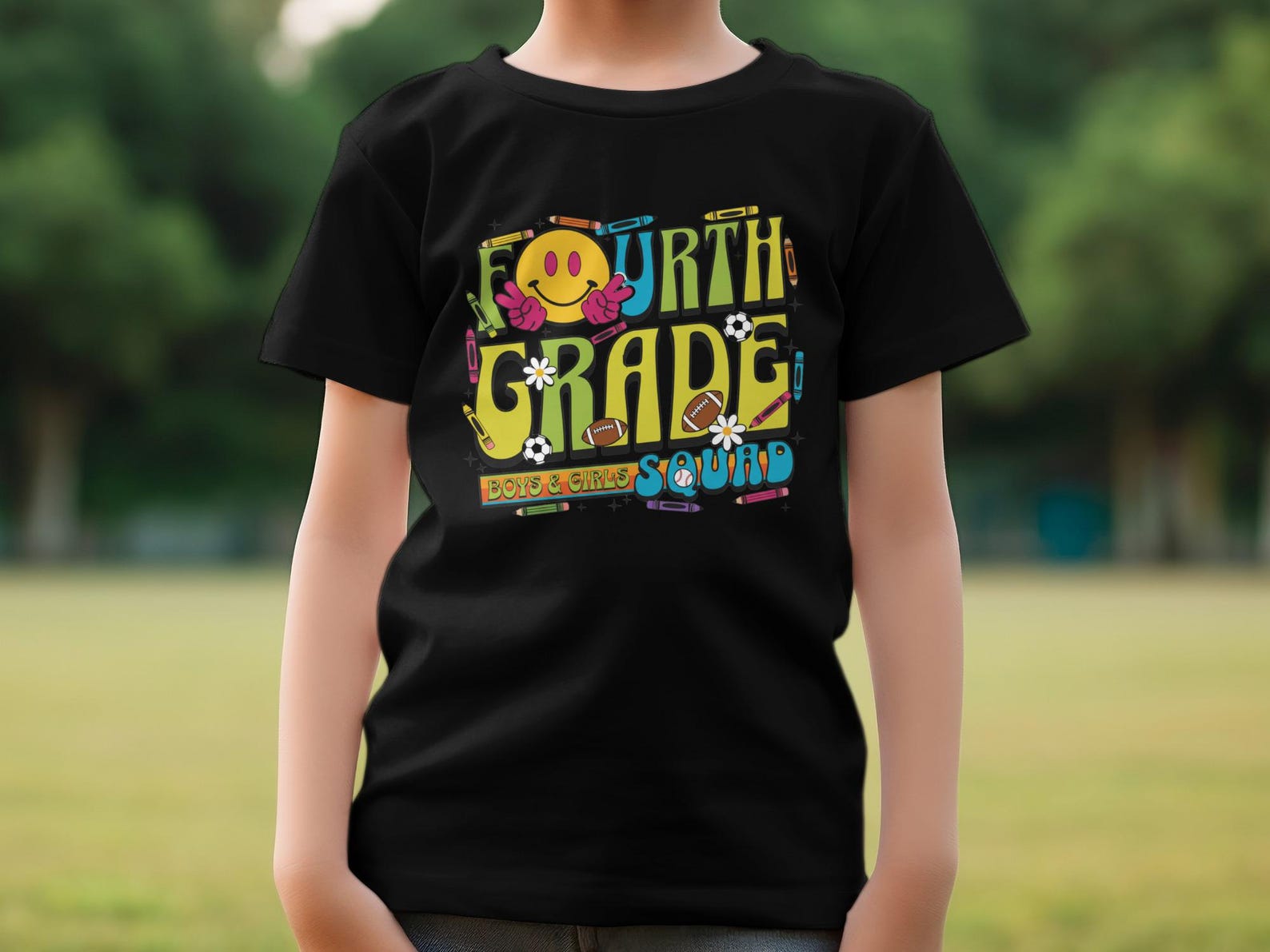 Fourth Grade Squad T-Shirt, Groovy Smiley Face Back to School Tee M