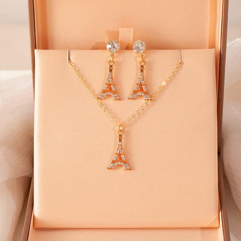 Simple Full Diamond Earrings Necklace Set Retro Love Butterfly Collarbone Chain Ear Hook Women'S Fashion Versatile Jewelry